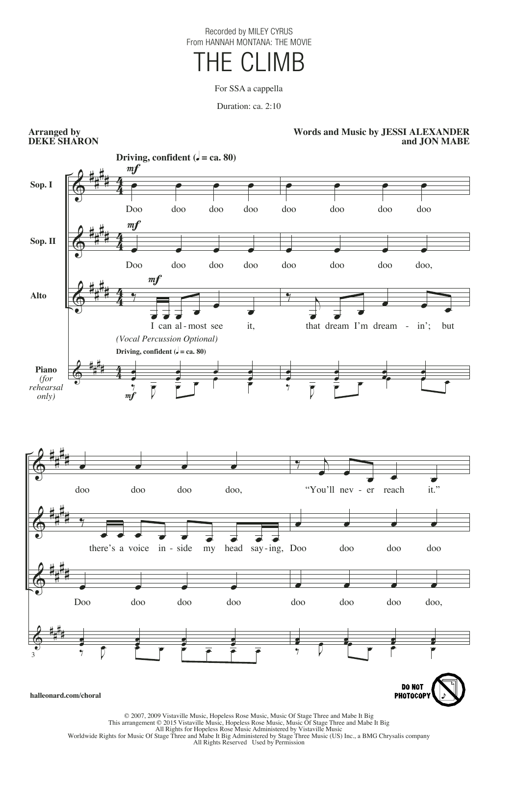 Miley Cyrus The Climb (arr. Deke Sharon) Sheet Music Notes & Chords for SSA - Download or Print PDF