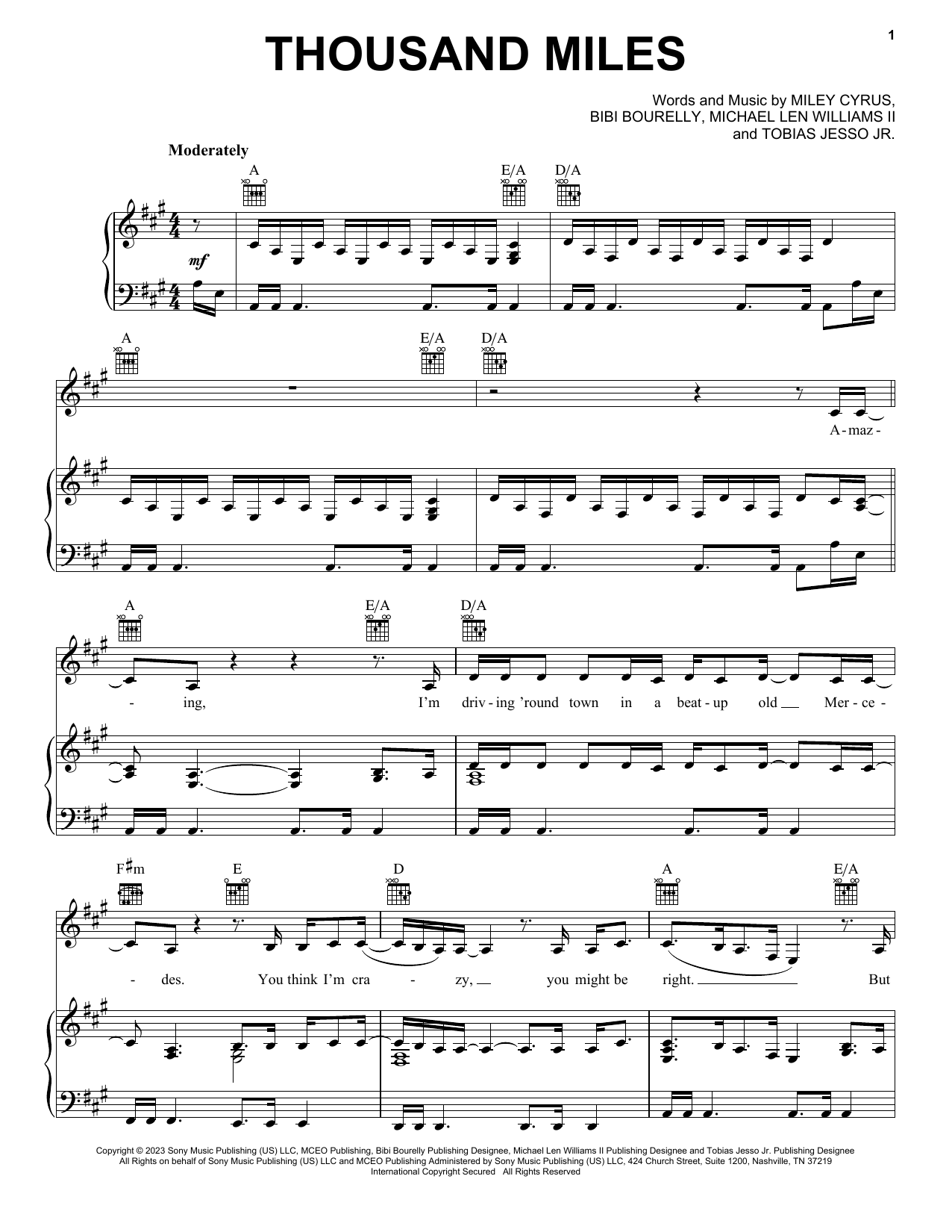 Miley Cyrus Thousand Miles (feat. Brandi Carlile) Sheet Music Notes & Chords for Easy Piano - Download or Print PDF