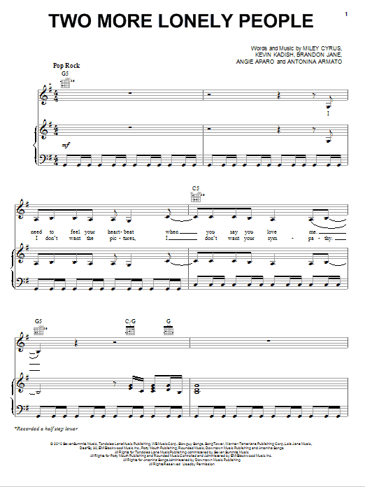 Miley Cyrus Two More Lonely People Sheet Music Notes & Chords for Piano, Vocal & Guitar (Right-Hand Melody) - Download or Print PDF