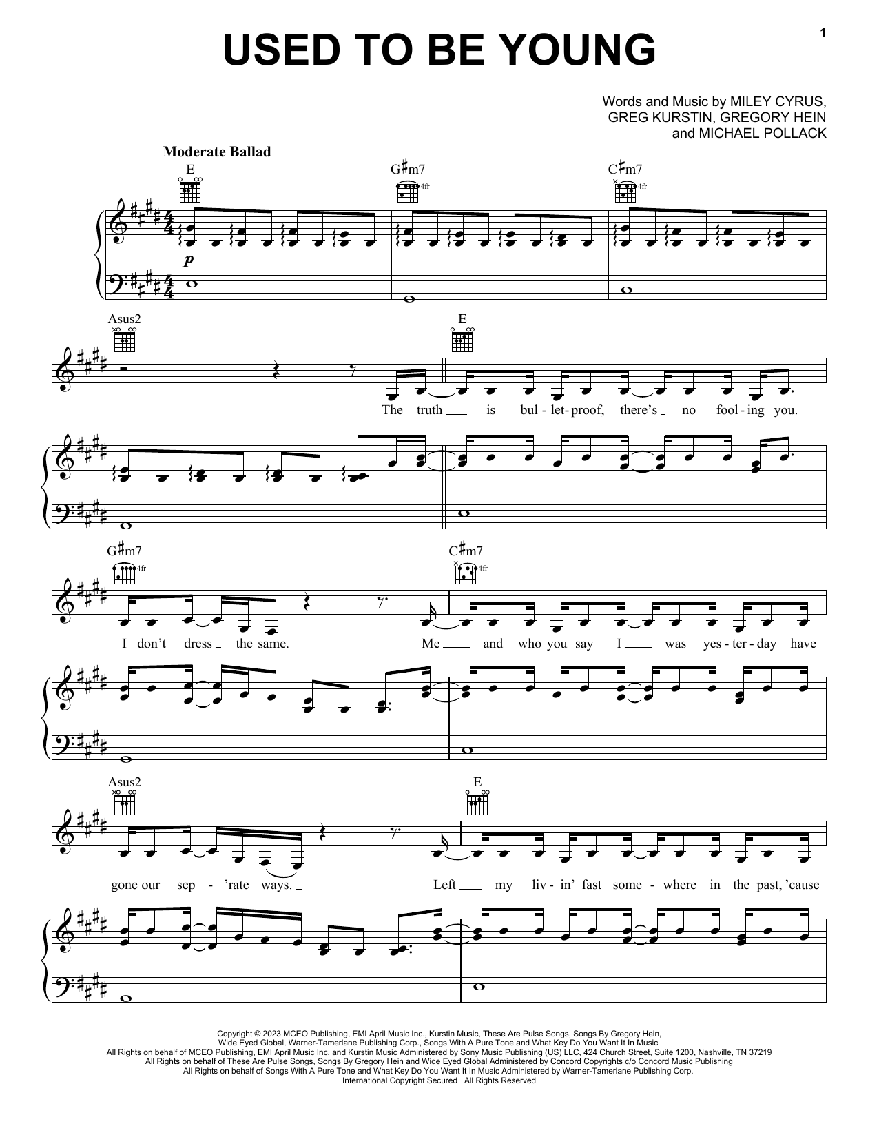 Miley Cyrus Used To Be Young Sheet Music Notes & Chords for Piano, Vocal & Guitar Chords (Right-Hand Melody) - Download or Print PDF