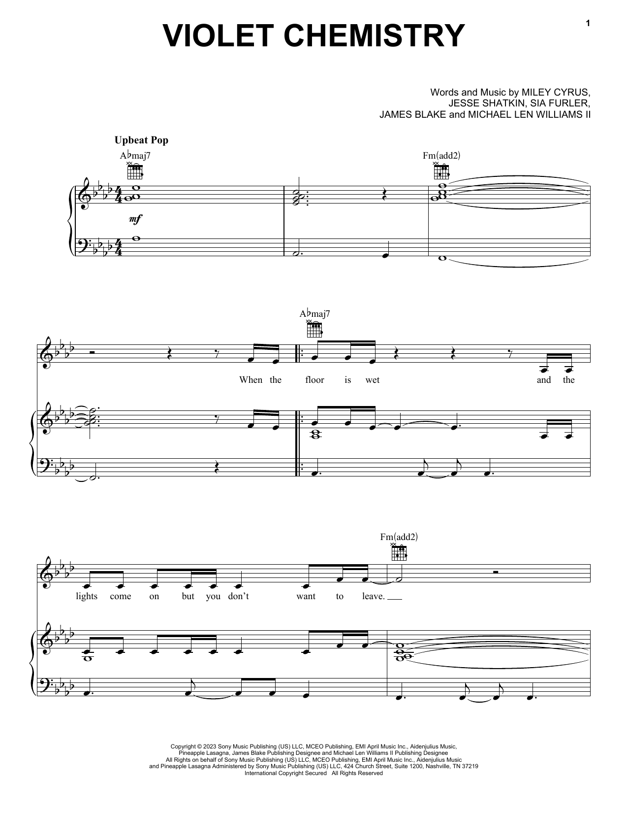 Miley Cyrus Violet Chemistry Sheet Music Notes & Chords for Easy Piano - Download or Print PDF