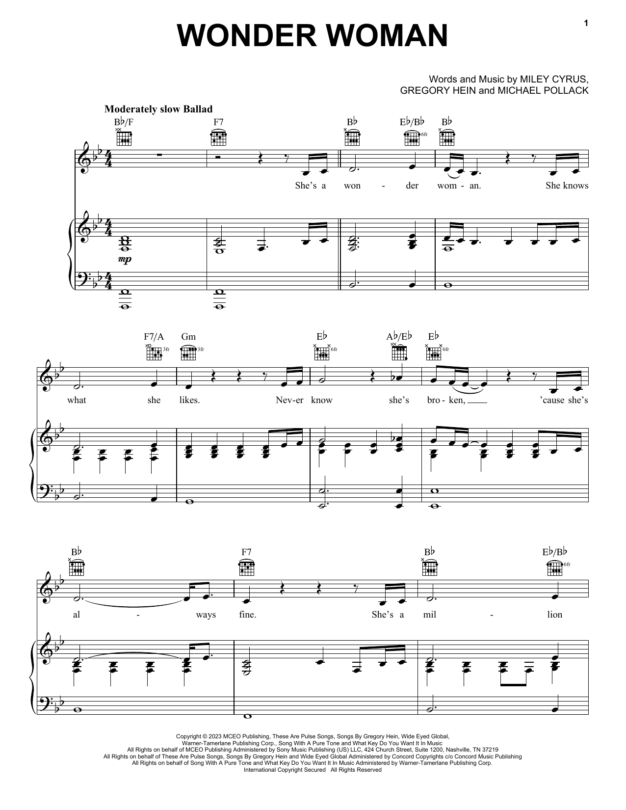 Miley Cyrus Wonder Woman Sheet Music Notes & Chords for Piano, Vocal & Guitar Chords (Right-Hand Melody) - Download or Print PDF