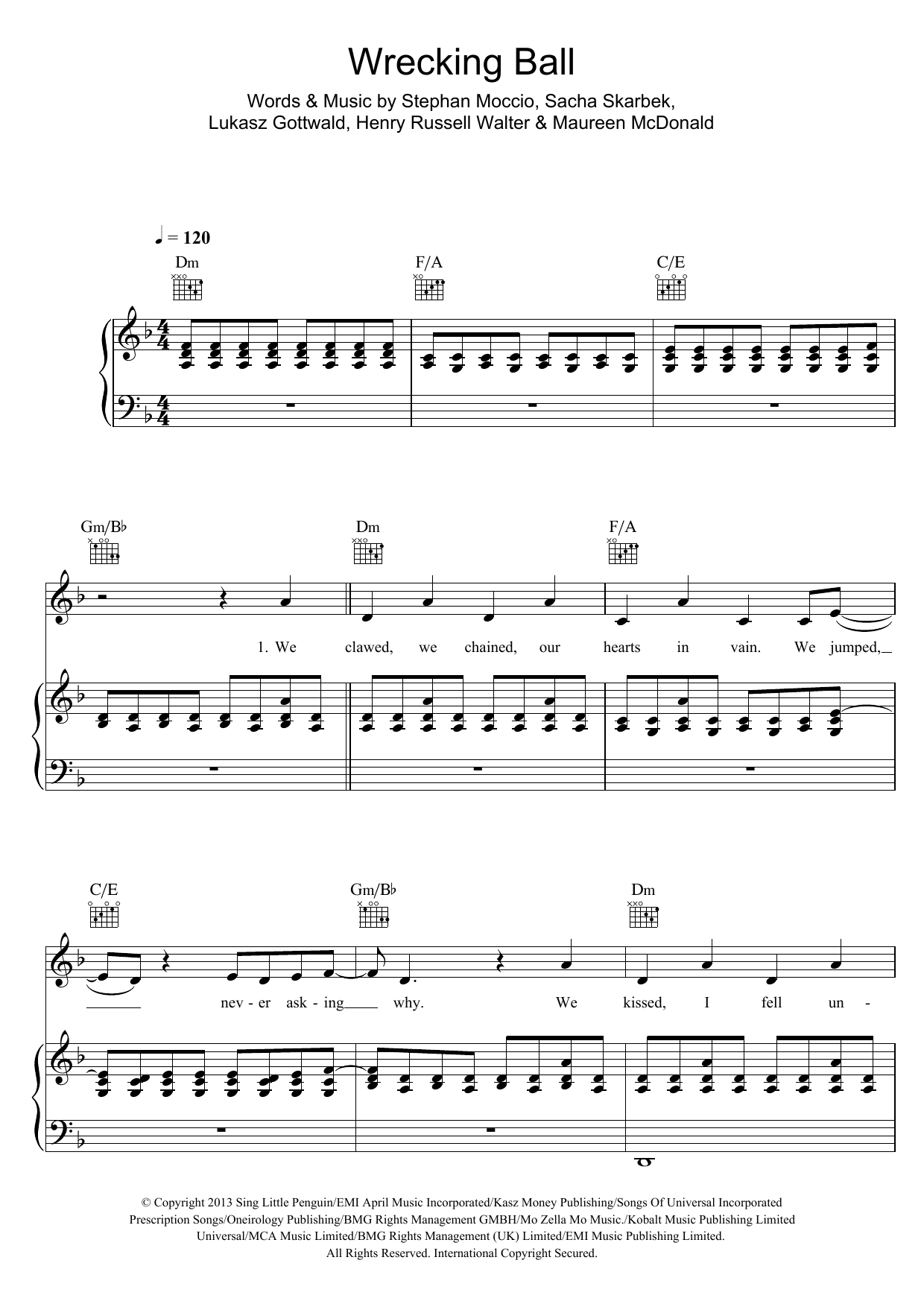 Miley Cyrus Wrecking Ball Sheet Music Notes & Chords for Piano, Vocal & Guitar (Right-Hand Melody) - Download or Print PDF
