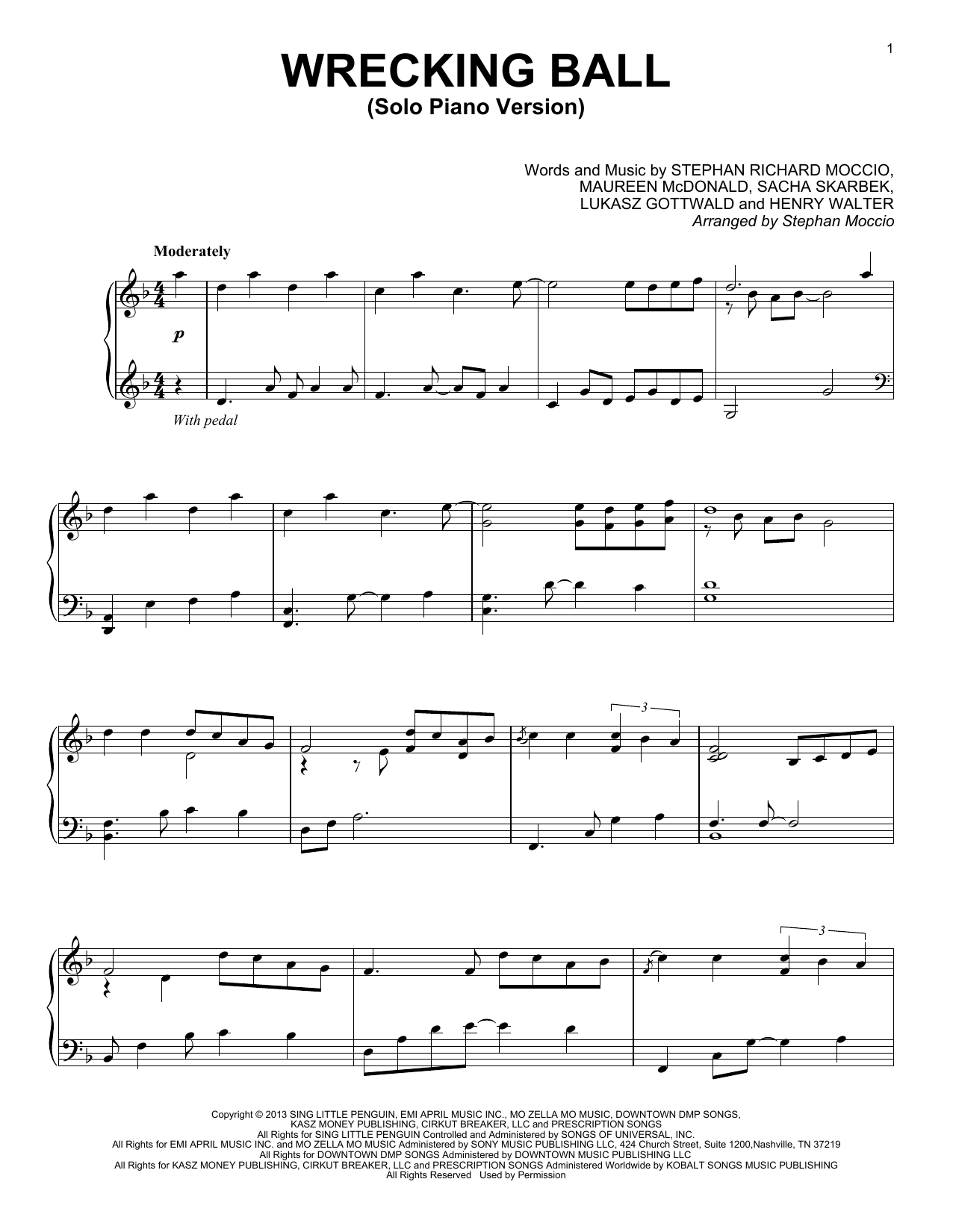 Miley Cyrus Wrecking Ball (Solo Piano Version) (arr. Stephan Moccio) Sheet Music Notes & Chords for Piano Solo - Download or Print PDF