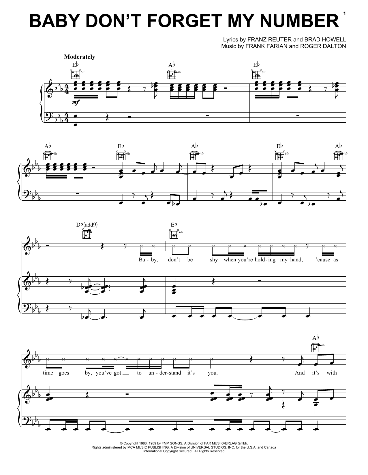 Milli Vanilli Baby Don't Forget My Number Sheet Music Notes & Chords for Piano, Vocal & Guitar Chords (Right-Hand Melody) - Download or Print PDF