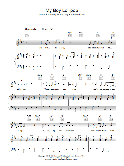 Millie My Boy Lollipop Sheet Music Notes & Chords for Lyrics & Chords - Download or Print PDF