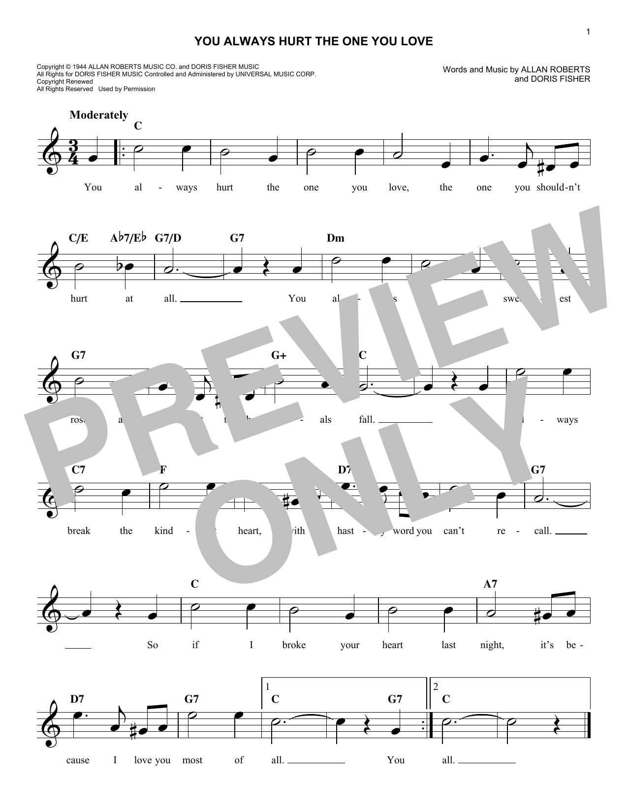 Mills Brothers You Always Hurt The One You Love Sheet Music Notes & Chords for Melody Line, Lyrics & Chords - Download or Print PDF