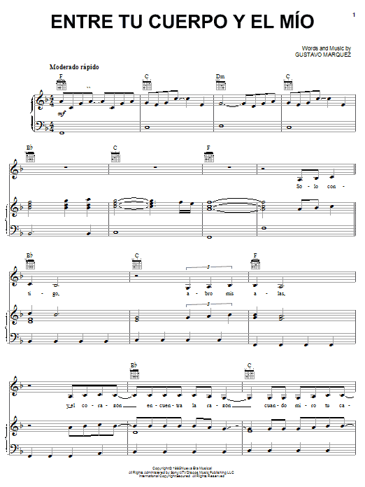 Milly Quezada Entre Tu Cuerpo Y El Mio Sheet Music Notes & Chords for Piano, Vocal & Guitar (Right-Hand Melody) - Download or Print PDF
