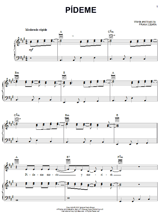 Milly Quezada Pideme Sheet Music Notes & Chords for Piano, Vocal & Guitar (Right-Hand Melody) - Download or Print PDF