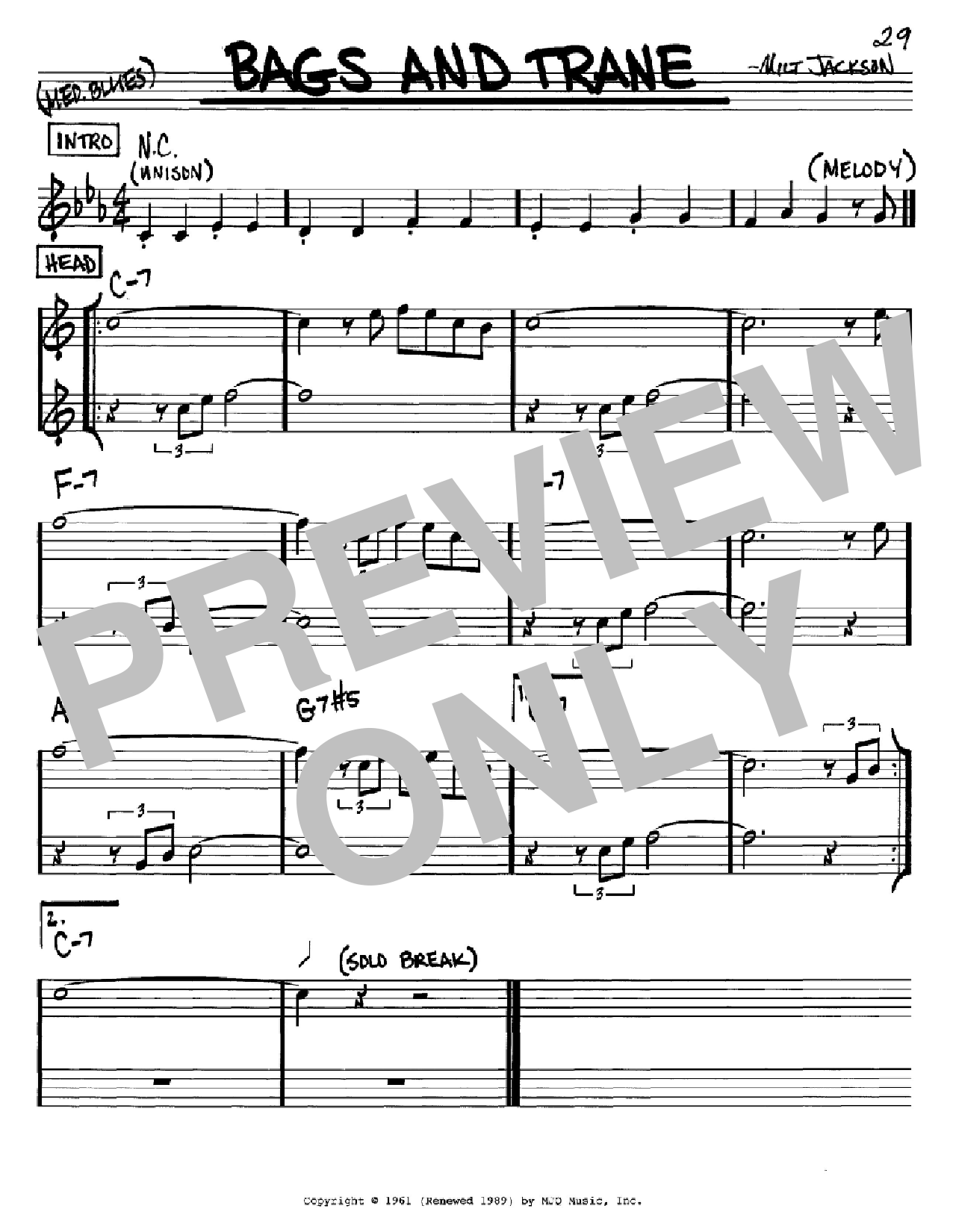 Milt Jackson Bags And Trane Sheet Music Notes & Chords for Real Book - Melody & Chords - C Instruments - Download or Print PDF