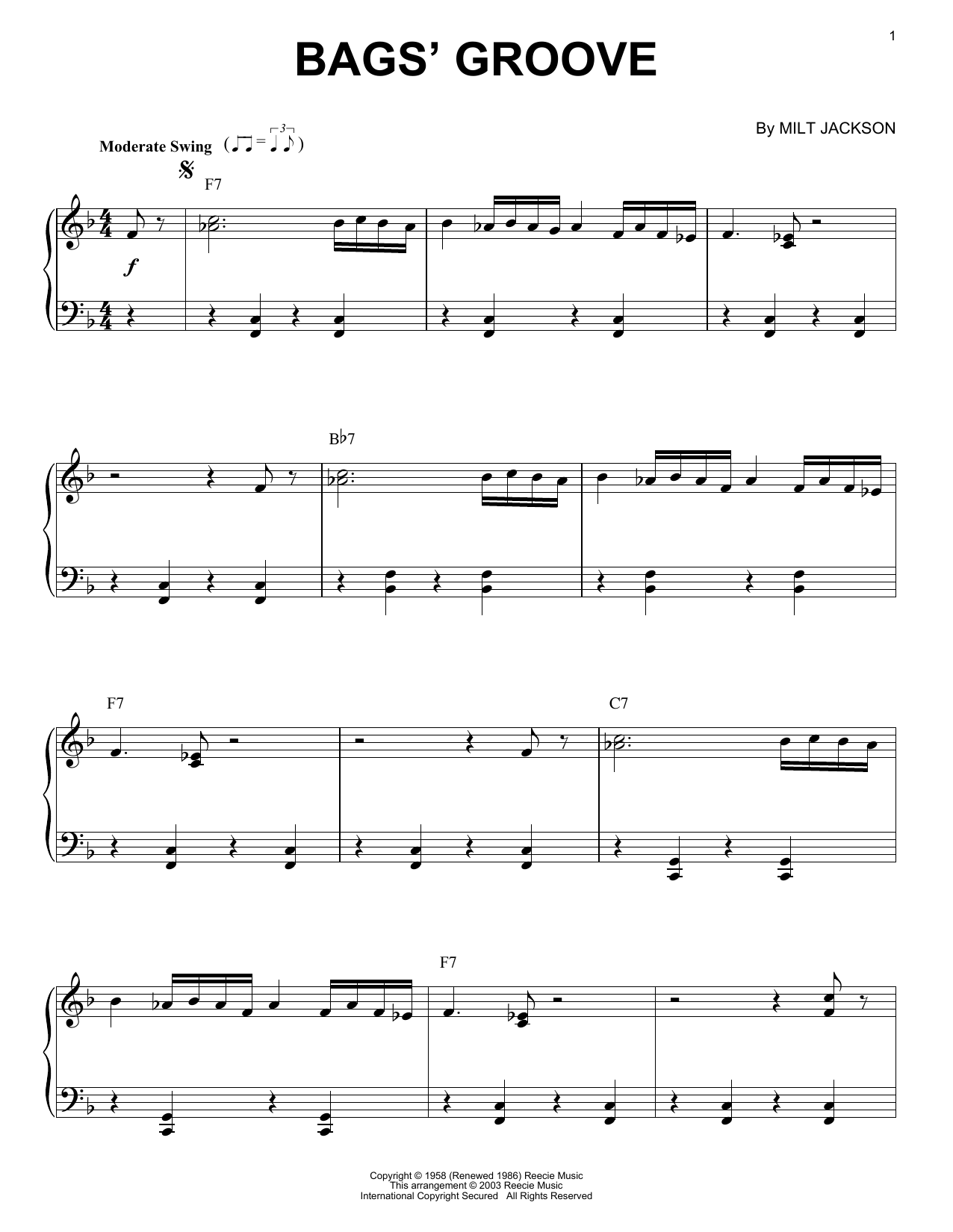 Milt Jackson Bags' Groove [Jazz version] Sheet Music Notes & Chords for Piano - Download or Print PDF