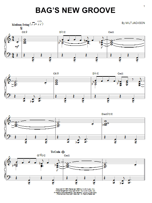 Milt Jackson Bag's New Groove (arr. Brent Edstrom) Sheet Music Notes & Chords for Piano - Download or Print PDF