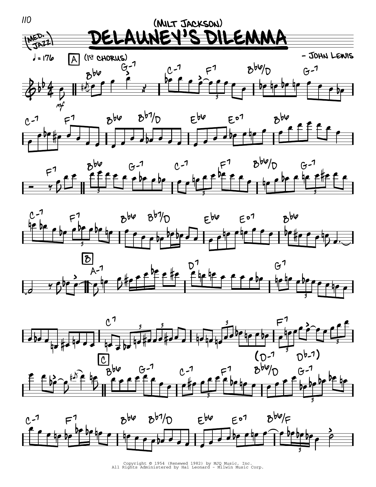 Milt Jackson Delauney's Dilemma (solo only) Sheet Music Notes & Chords for Real Book – Melody & Chords - Download or Print PDF