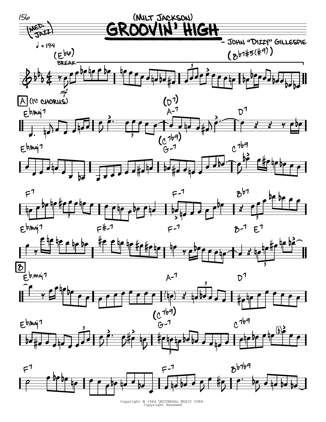 Milt Jackson Groovin' High (solo only) Sheet Music Notes & Chords for Real Book – Melody & Chords - Download or Print PDF
