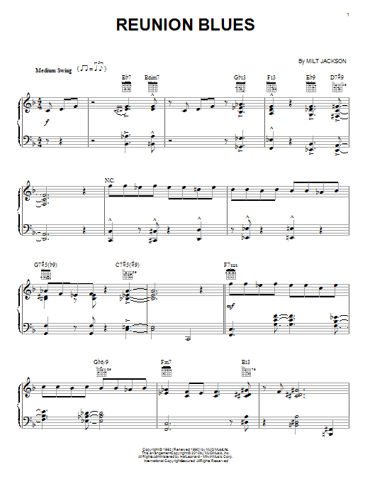 Milt Jackson Reunion Blues Sheet Music Notes & Chords for Piano, Vocal & Guitar (Right-Hand Melody) - Download or Print PDF Milt Jackson Reunion Blues Sheet Music Notes & Chords for Piano, Vocal & Guitar (Right-Hand Melody) - Download or Print PDF