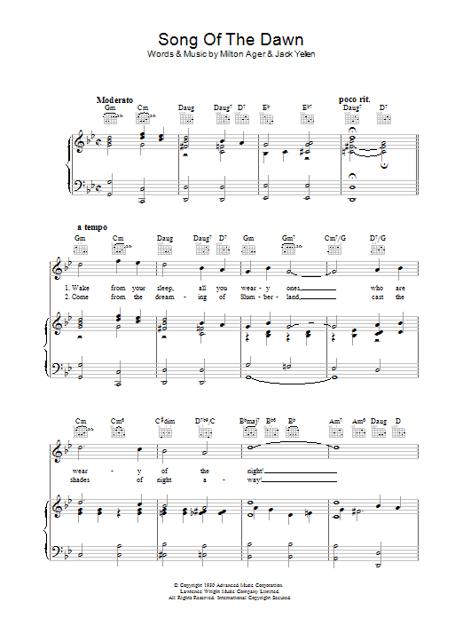 Milton Ager Song Of The Dawn Sheet Music Notes & Chords for Piano, Vocal & Guitar (Right-Hand Melody) - Download or Print PDF