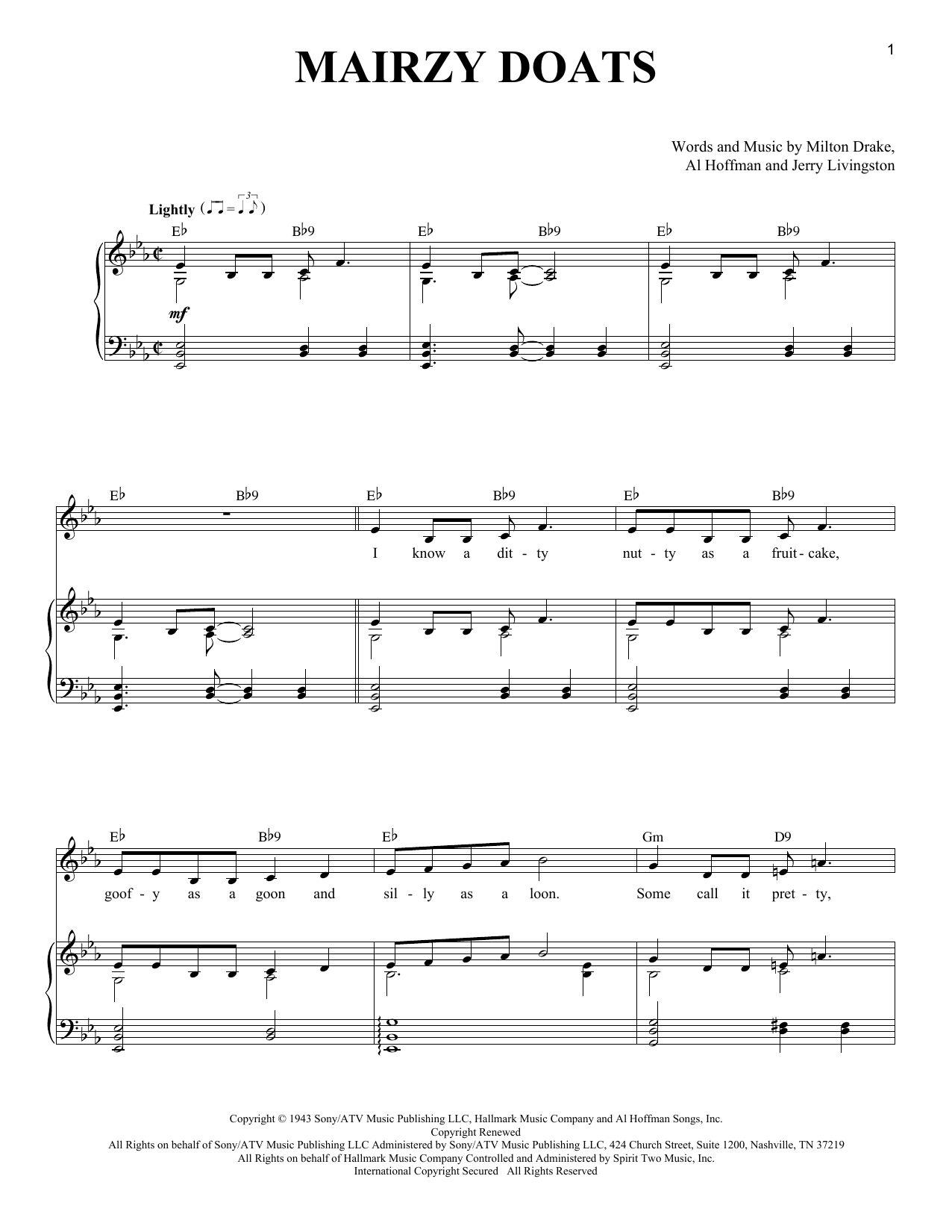 Milton Drake Mairzy Doats Sheet Music Notes & Chords for Easy Guitar Tab - Download or Print PDF