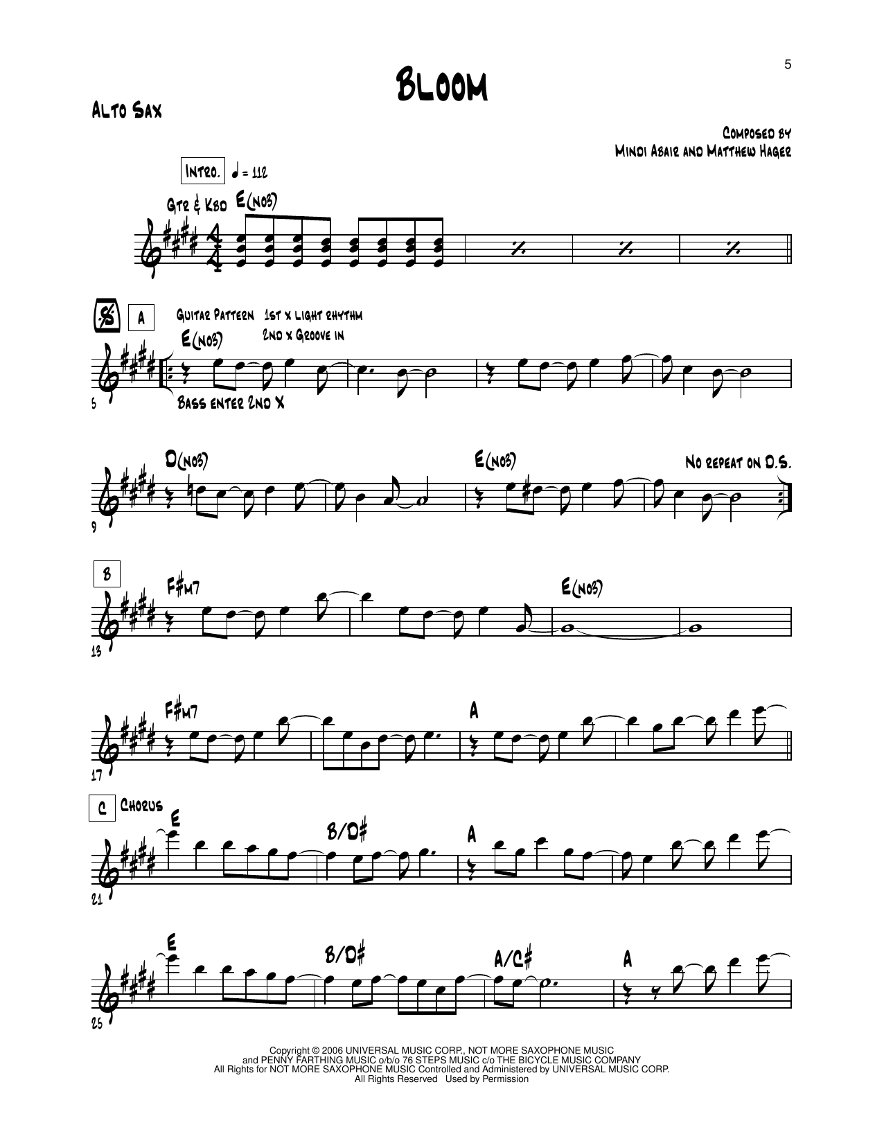 Mindi Abair Bloom Sheet Music Notes & Chords for Alto Sax Transcription - Download or Print PDF
