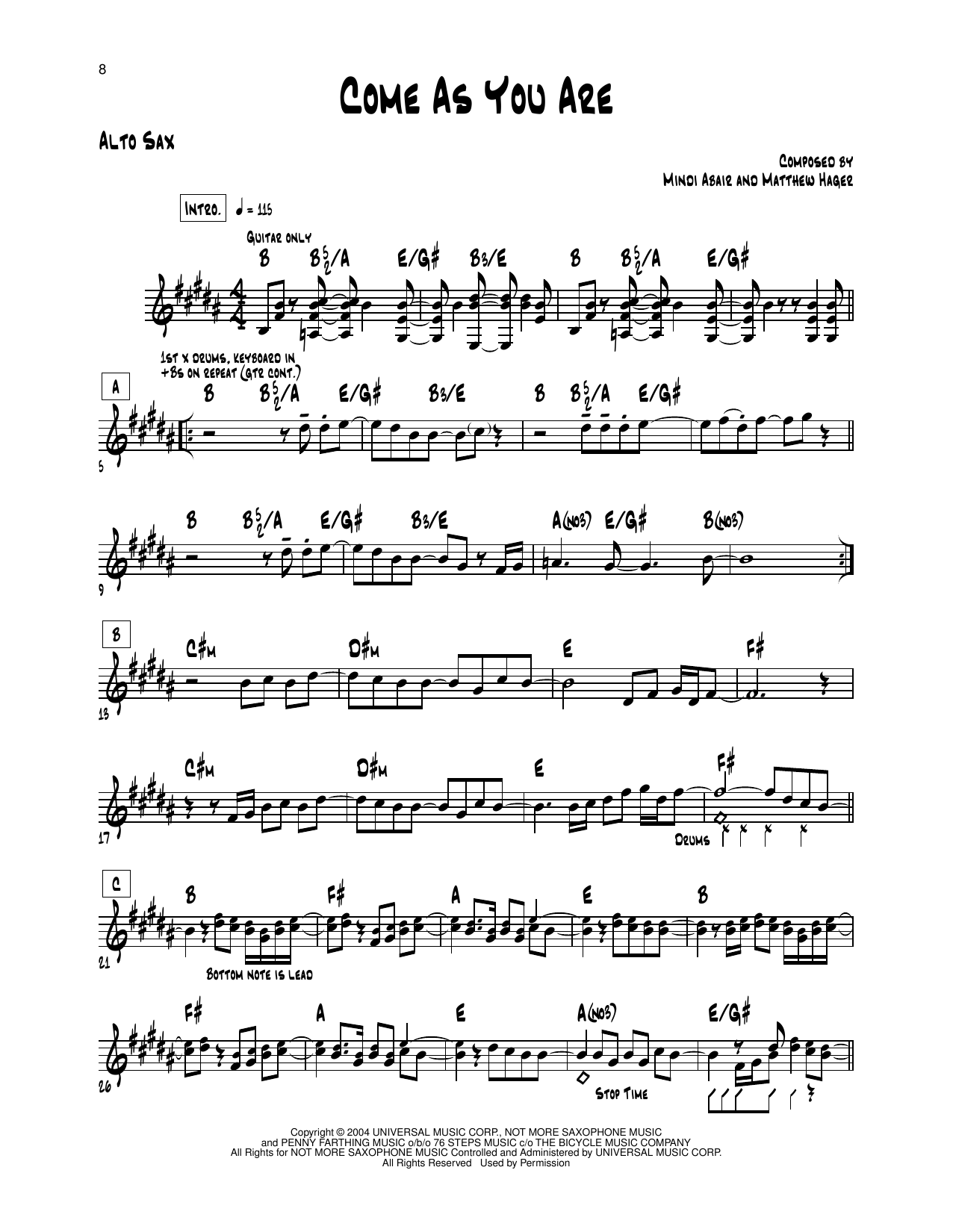 Mindi Abair Come As You Are Sheet Music Notes & Chords for Alto Sax Transcription - Download or Print PDF