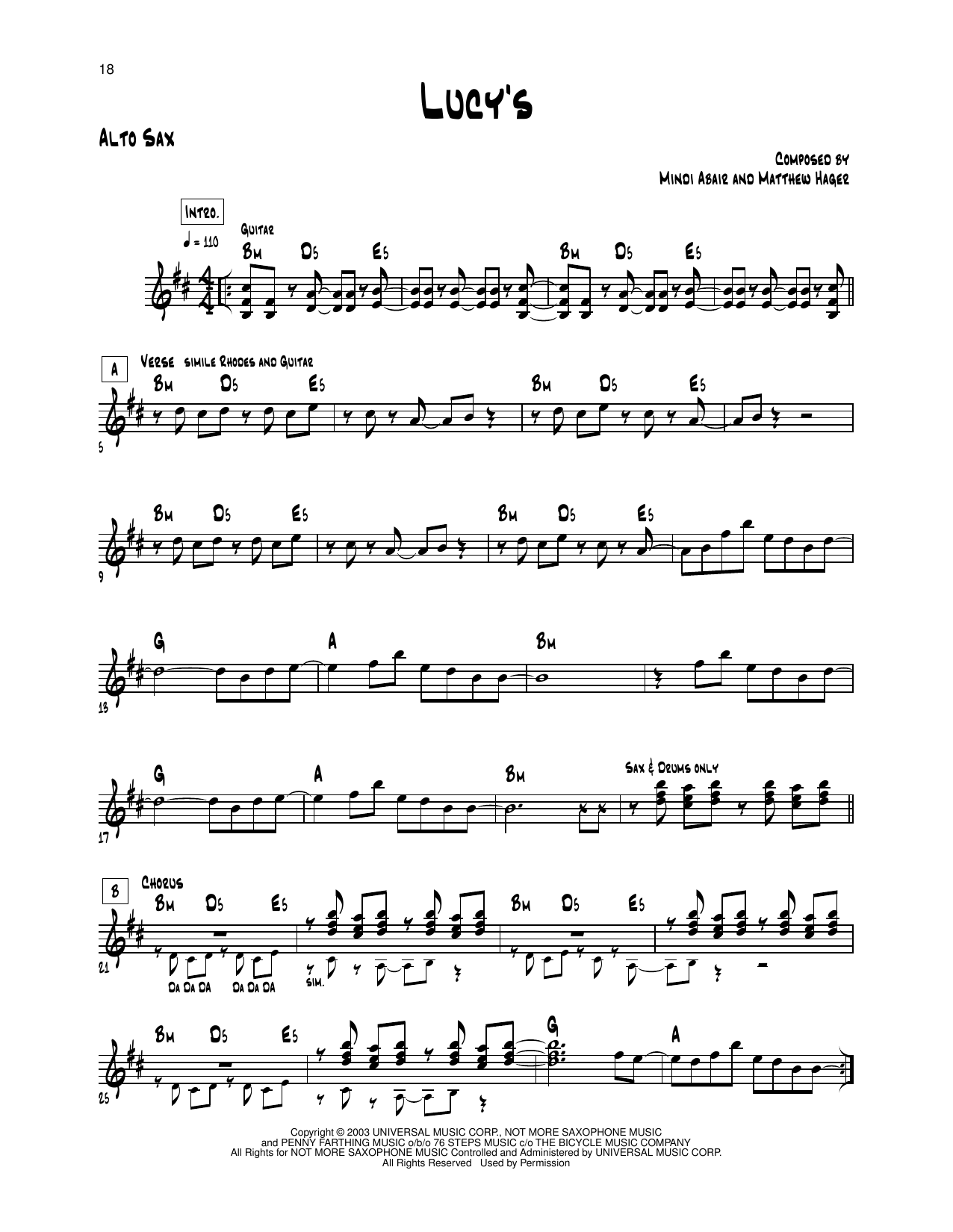 Mindi Abair Lucy's Sheet Music Notes & Chords for Alto Sax Transcription - Download or Print PDF