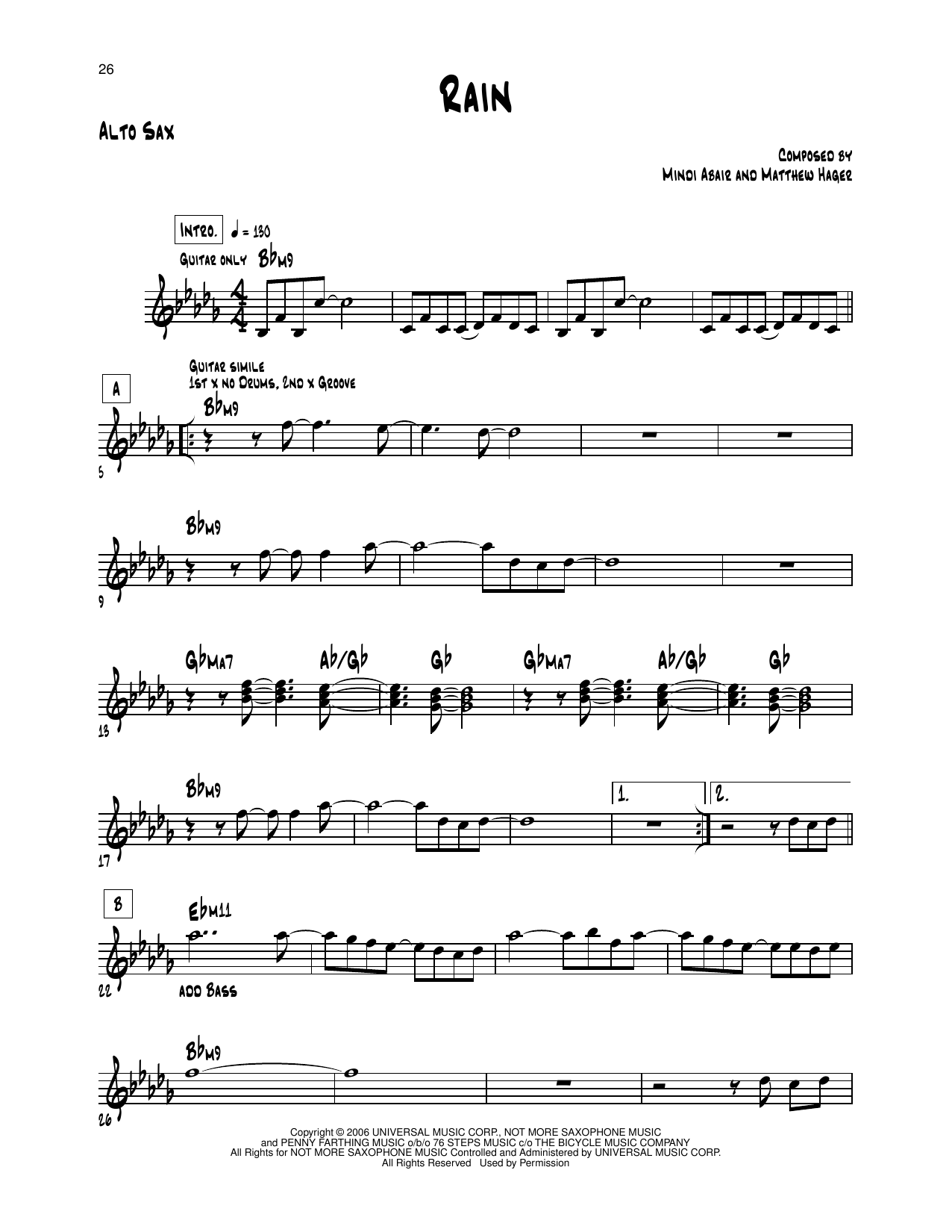 Mindi Abair Rain Sheet Music Notes & Chords for Alto Sax Transcription - Download or Print PDF