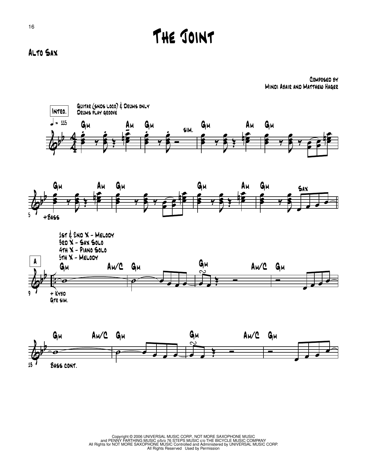 Mindi Abair The Joint Sheet Music Notes & Chords for Alto Sax Transcription - Download or Print PDF