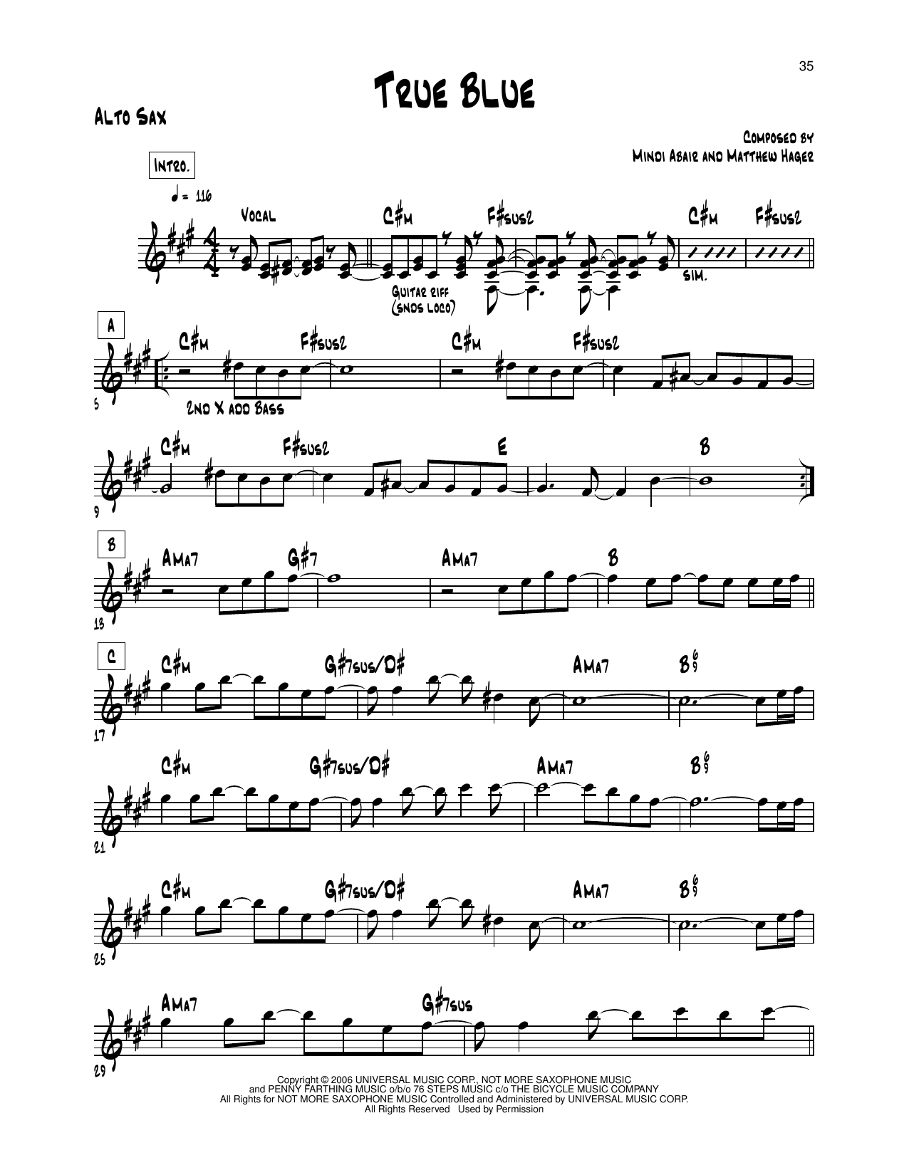 Mindi Abair True Blue Sheet Music Notes & Chords for Alto Sax Transcription - Download or Print PDF