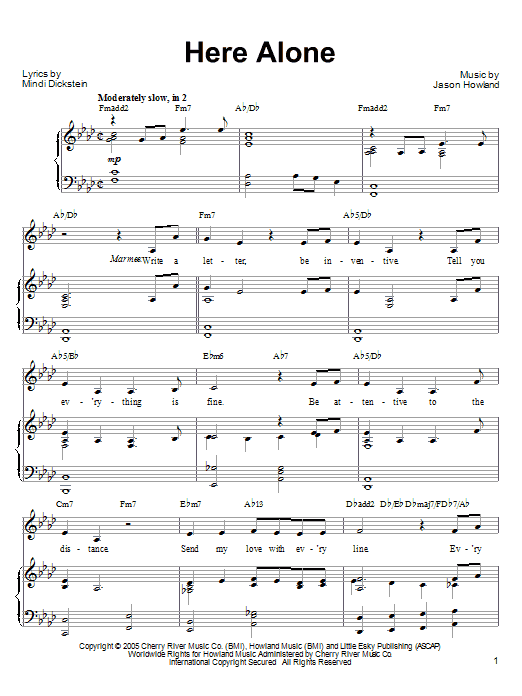 Mindi Dickstein Here Alone Sheet Music Notes & Chords for Piano, Vocal & Guitar (Right-Hand Melody) - Download or Print PDF