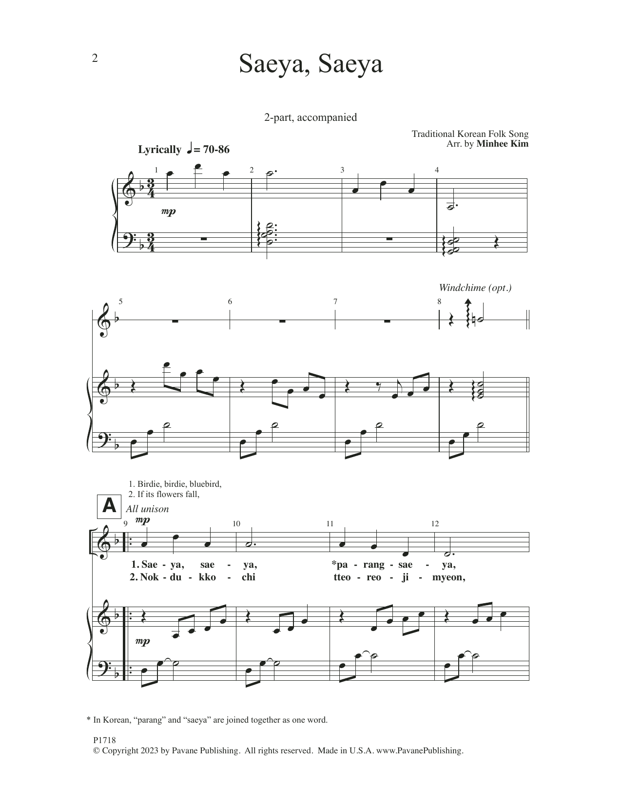 Minhee Kim Saeya, Saeya Sheet Music Notes & Chords for 2-Part Choir - Download or Print PDF