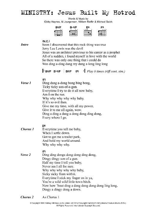 Ministry Jesus Built My Hotrod Sheet Music Notes & Chords for Lyrics & Chords - Download or Print PDF