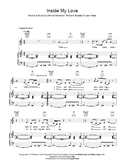 Minnie Riperton Inside My Love Sheet Music Notes & Chords for Piano, Vocal & Guitar - Download or Print PDF