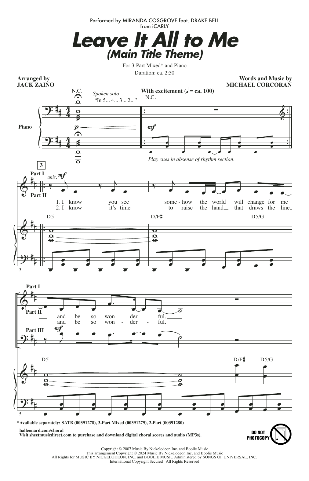 Miranda Cosgrove Leave It All To Me (Main Title Theme from iCarly) (arr. Jack Zaino) Sheet Music Notes & Chords for 3-Part Mixed Choir - Download or Print PDF