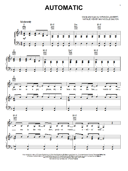 Miranda Lambert Automatic Sheet Music Notes & Chords for Piano, Vocal & Guitar (Right-Hand Melody) - Download or Print PDF