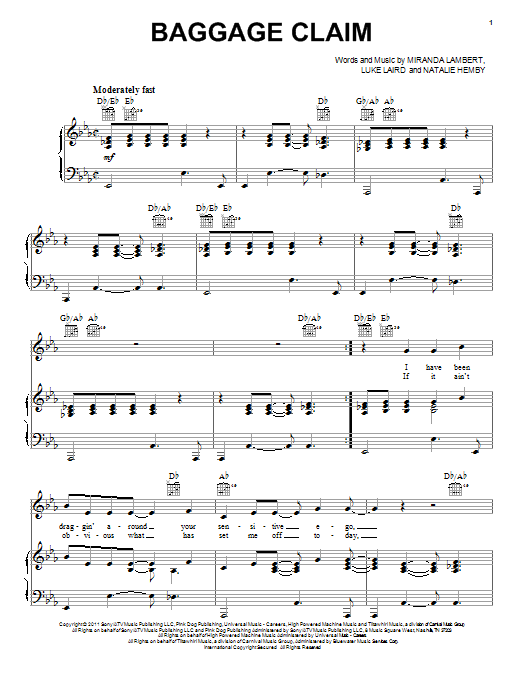 Miranda Lambert Baggage Claim Sheet Music Notes & Chords for Piano, Vocal & Guitar (Right-Hand Melody) - Download or Print PDF
