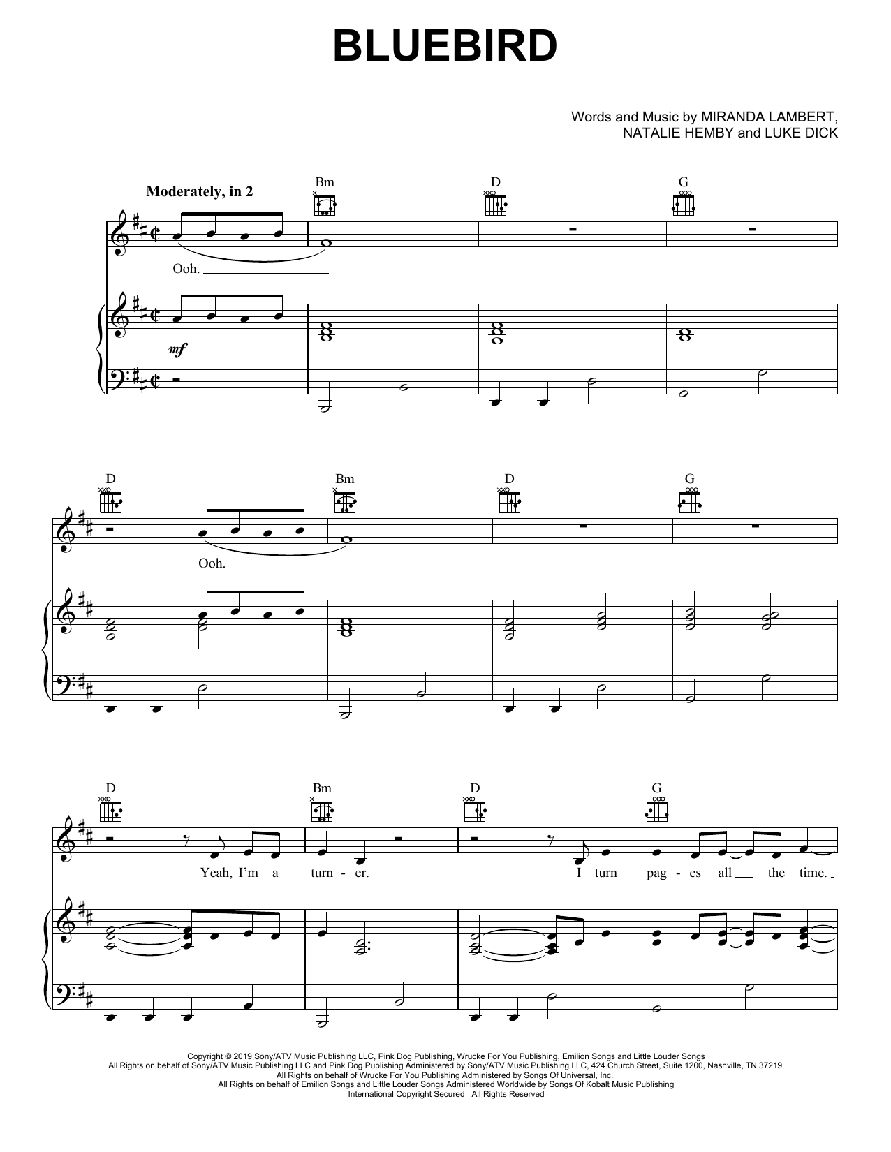Miranda Lambert Bluebird Sheet Music Notes & Chords for Piano, Vocal & Guitar (Right-Hand Melody) - Download or Print PDF