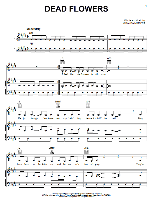 Miranda Lambert Dead Flowers Sheet Music Notes & Chords for Piano, Vocal & Guitar (Right-Hand Melody) - Download or Print PDF