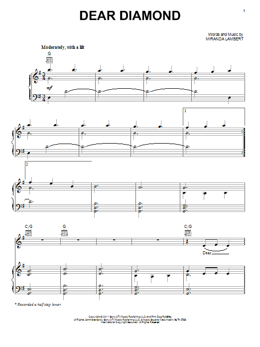 Miranda Lambert Dear Diamond Sheet Music Notes & Chords for Piano, Vocal & Guitar (Right-Hand Melody) - Download or Print PDF