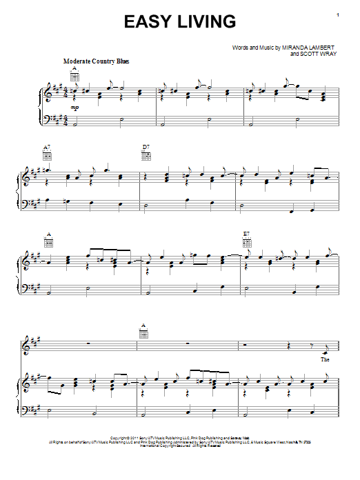 Miranda Lambert Easy Living Sheet Music Notes & Chords for Piano, Vocal & Guitar (Right-Hand Melody) - Download or Print PDF