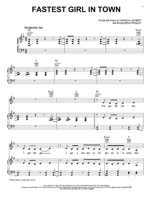 Miranda Lambert Fastest Girl In Town Sheet Music Notes & Chords for Piano, Vocal & Guitar (Right-Hand Melody) - Download or Print PDF