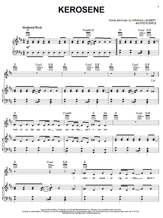 Miranda Lambert Kerosene Sheet Music Notes & Chords for Piano, Vocal & Guitar (Right-Hand Melody) - Download or Print PDF