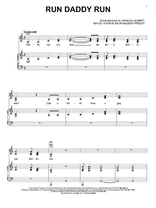 Miranda Lambert Run Daddy Run Sheet Music Notes & Chords for Piano, Vocal & Guitar (Right-Hand Melody) - Download or Print PDF