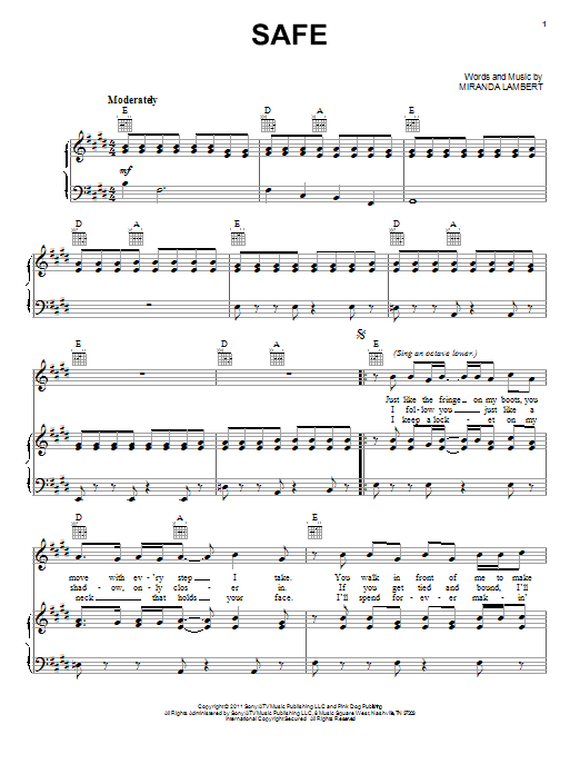 Miranda Lambert Safe Sheet Music Notes & Chords for Piano, Vocal & Guitar (Right-Hand Melody) - Download or Print PDF