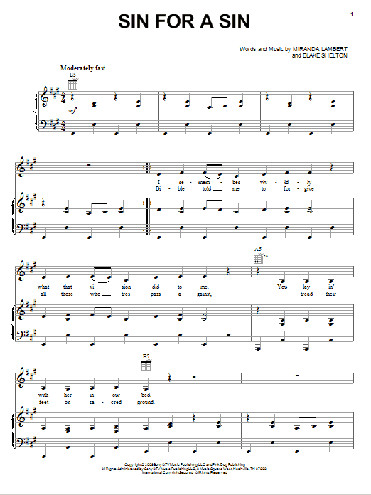 Miranda Lambert Sin For A Sin Sheet Music Notes & Chords for Piano, Vocal & Guitar (Right-Hand Melody) - Download or Print PDF