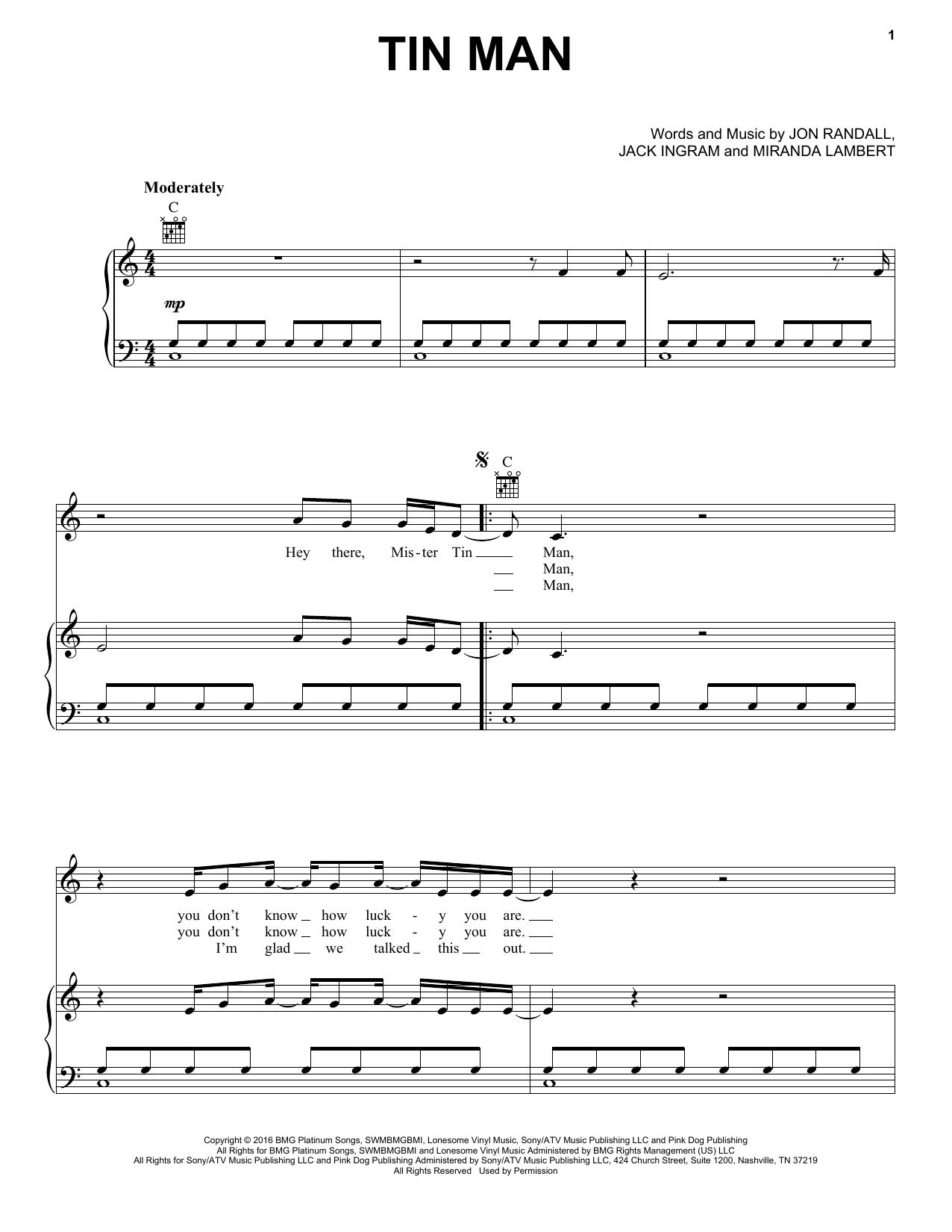 Miranda Lambert Tin Man Sheet Music Notes & Chords for Piano, Vocal & Guitar (Right-Hand Melody) - Download or Print PDF