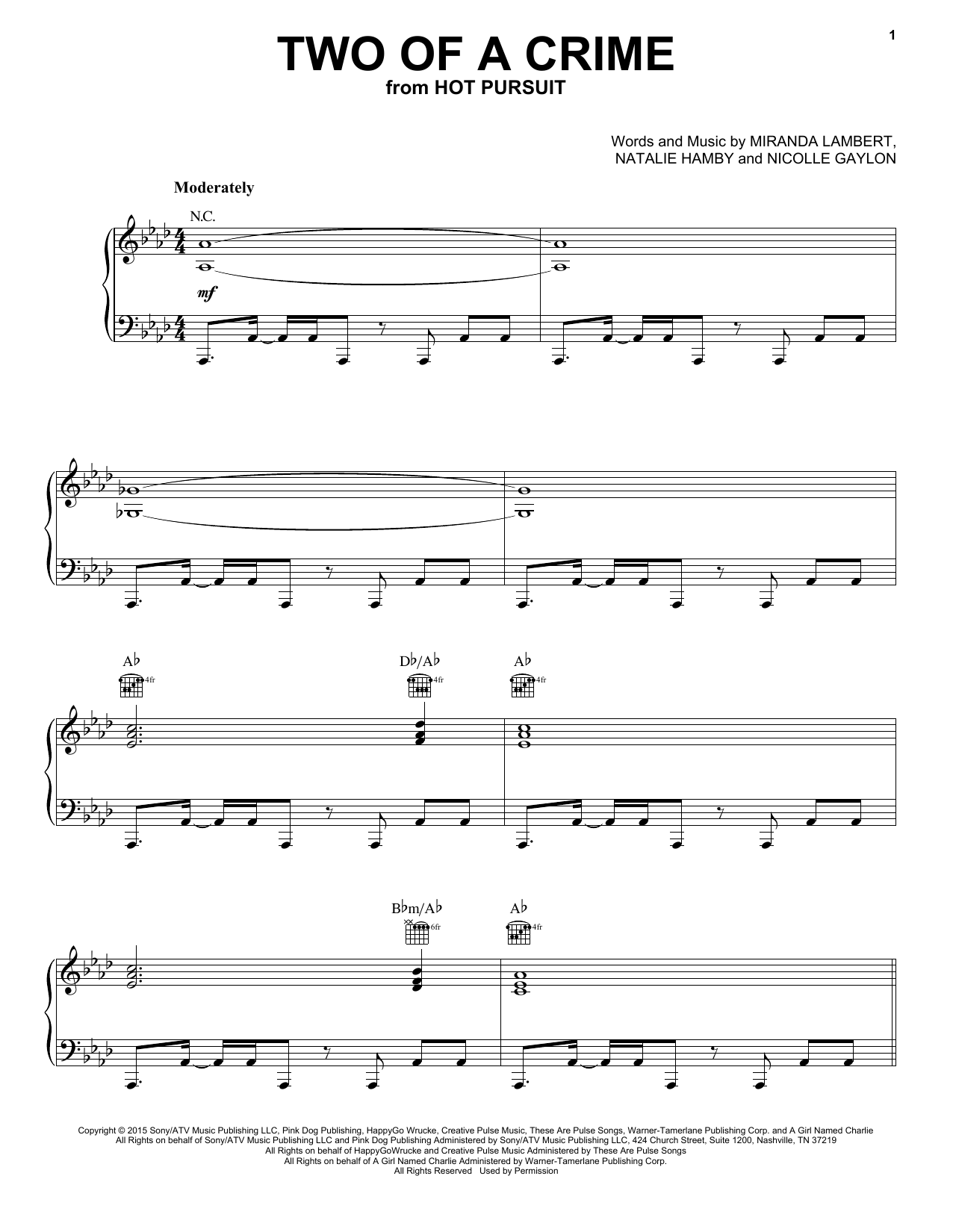 Miranda Lambert Two Of A Crime Sheet Music Notes & Chords for Piano, Vocal & Guitar (Right-Hand Melody) - Download or Print PDF