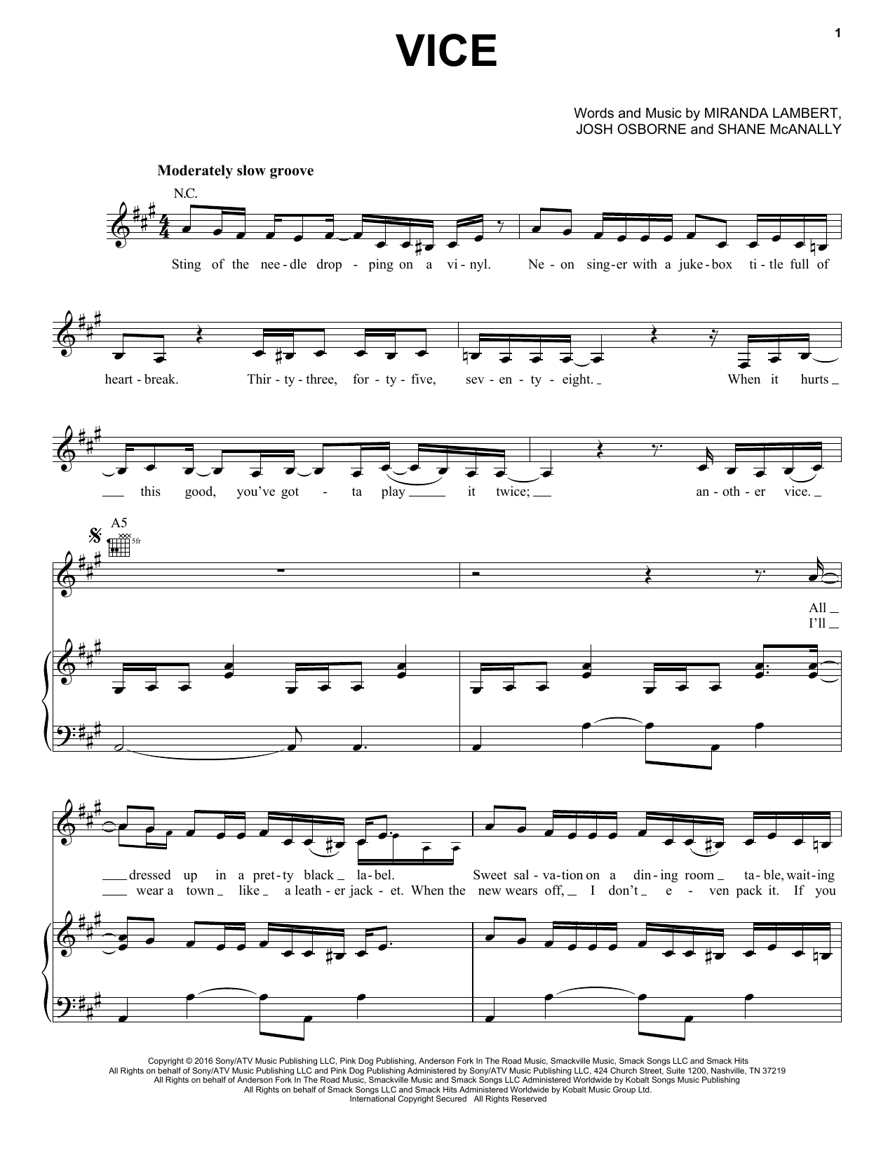 Miranda Lambert Vice Sheet Music Notes & Chords for Piano, Vocal & Guitar (Right-Hand Melody) - Download or Print PDF
