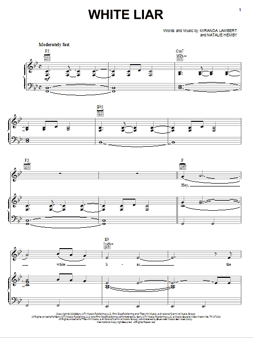 Miranda Lambert White Liar Sheet Music Notes & Chords for Piano, Vocal & Guitar (Right-Hand Melody) - Download or Print PDF