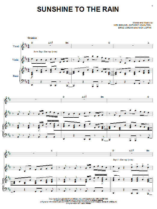 Miri Ben-Ari featuring Scarface & Anthony Hamilton Sunshine To The Rain Sheet Music Notes & Chords for Piano, Vocal & Guitar (Right-Hand Melody) - Download or Print PDF