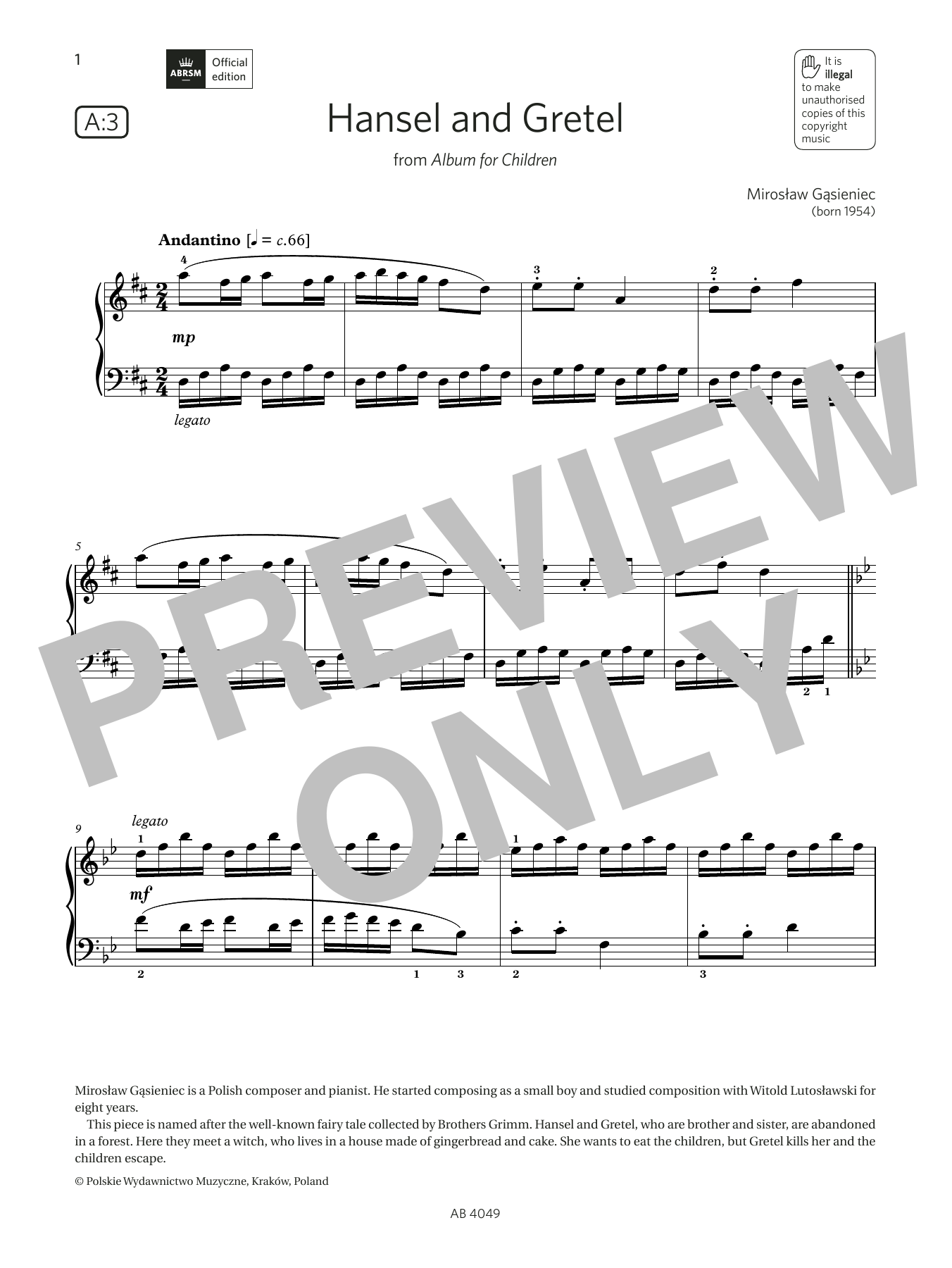Mirosław Gąsieniec Hansel and Gretel (Grade 3, list A3, from the ABRSM Piano Syllabus 2023 & 2024) Sheet Music Notes & Chords for Piano Solo - Download or Print PDF