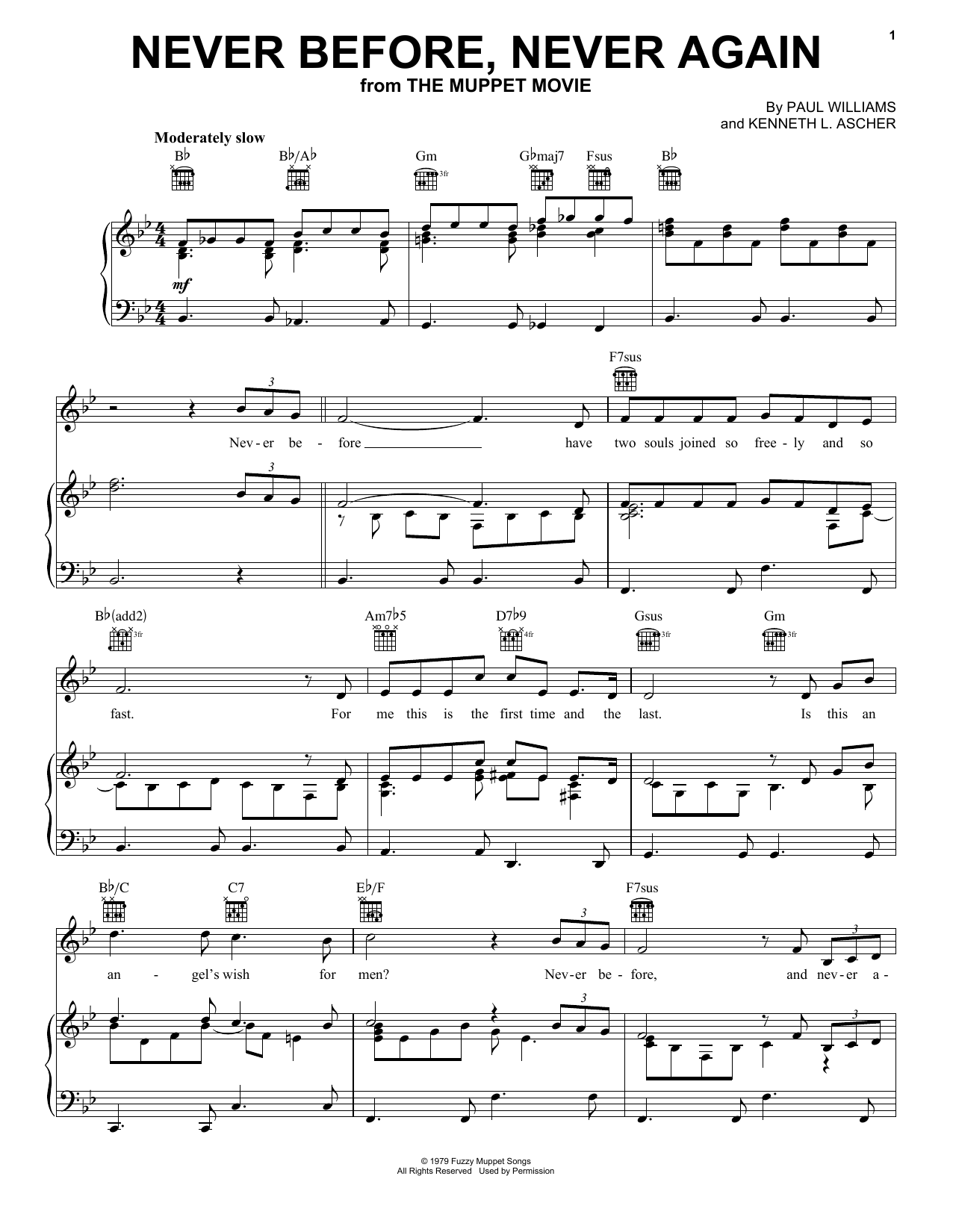 Miss Piggy Never Before, Never Again (from The Muppet Movie) Sheet Music Notes & Chords for Piano, Vocal & Guitar Chords (Right-Hand Melody) - Download or Print PDF